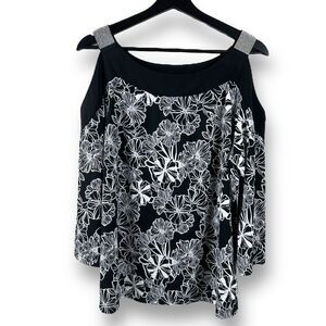By Design Size L Rhinestone Strap Cold Shoulder Top Black Floral Party Vacation‎